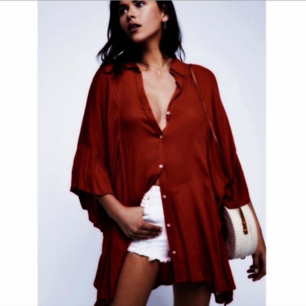 Free People Red Endless Summer Love Tunic Tee Ruffle XS Flowy Boho Festival